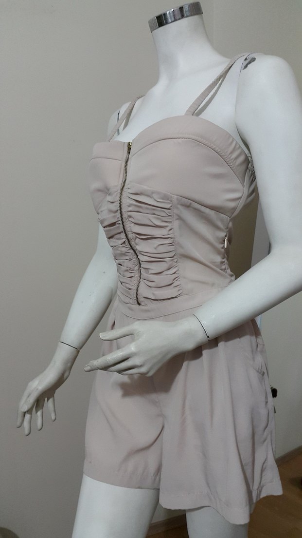 Düz Bej Straplez Kısa Tulum Önü Fermuarlı İp Askılı - Görsel 3