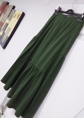 Yeşil Keten Uzun Etek, Fırfırlı, Salaş Kesim - Görsel 7