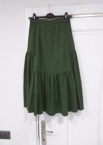 Yeşil Keten Uzun Etek, Fırfırlı, Salaş Kesim - Görsel 2