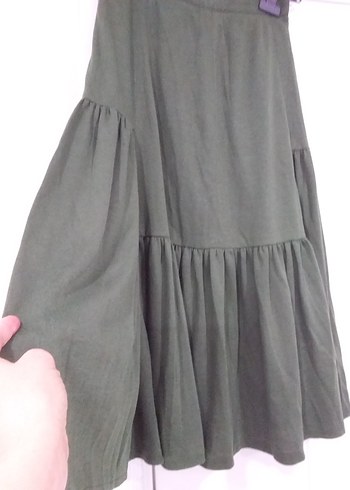 Yeşil Keten Uzun Etek, Fırfırlı, Salaş Kesim - Görsel 3