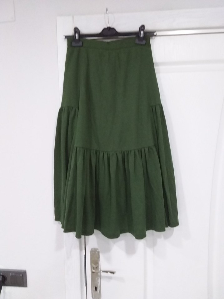 Yeşil Keten Uzun Etek, Fırfırlı, Salaş Kesim - Görsel 2