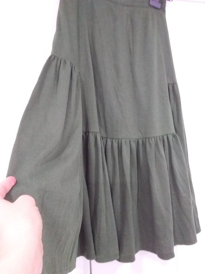 Yeşil Keten Uzun Etek, Fırfırlı, Salaş Kesim - Görsel 3