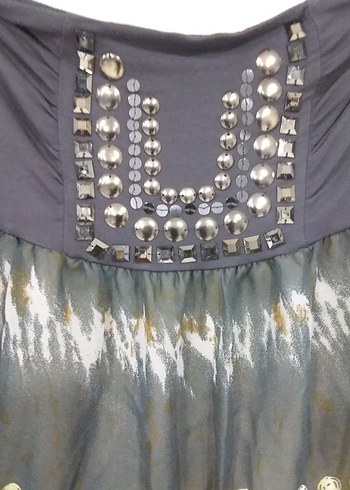 Bohem Gri Batik Desenli Kemerli Mini straplez bluz, adil ışık - Görsel 4