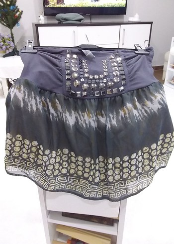 Bohem Gri Batik Desenli Kemerli Mini straplez bluz, adil ışık - Görsel 6