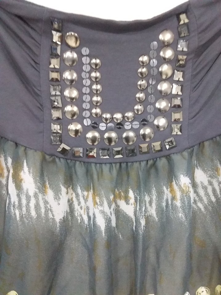 Bohem Gri Batik Desenli Kemerli Mini straplez bluz, adil ışık - Görsel 4