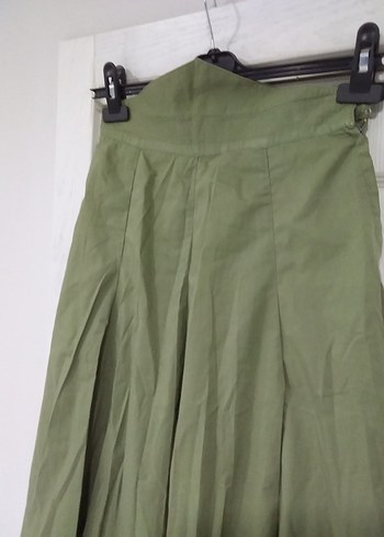 Haki Midi Keten Pilili Kadın Etek - Görsel 3