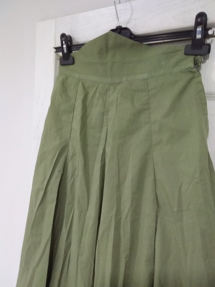 Haki Midi Keten Pilili Kadın Etek - Görsel 3