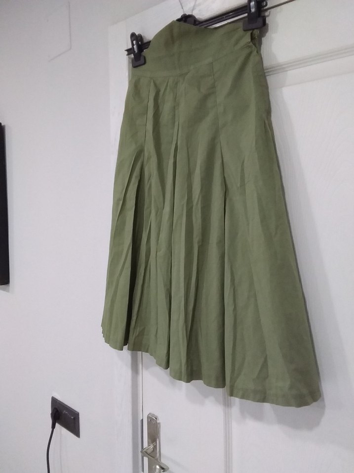 Haki Midi Keten Pilili Kadın Etek - Görsel 4