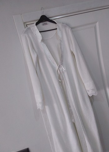 Kadın Beyaz Uzun Kollu Uzun Sabahlık - Görsel 5