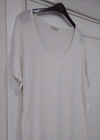 Kadın Beyaz Kısa Kollu Salaş penye Tişört - Görsel 6