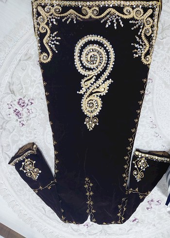 Uzun Kollu kadife Nakışlı Boncuklu Kadın Hint kına elbisesi - Görsel 8