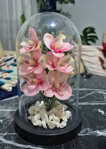 Pembe Yapay Çiçekli Dekoratif Fanus - Görsel 3