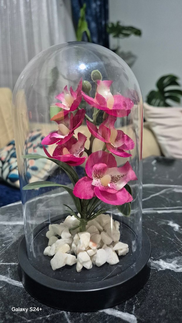 Pembe Yapay Çiçekli Dekoratif Fanus - Görsel 2