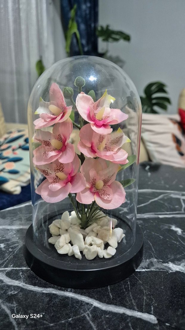 Pembe Yapay Çiçekli Dekoratif Fanus - Görsel 3