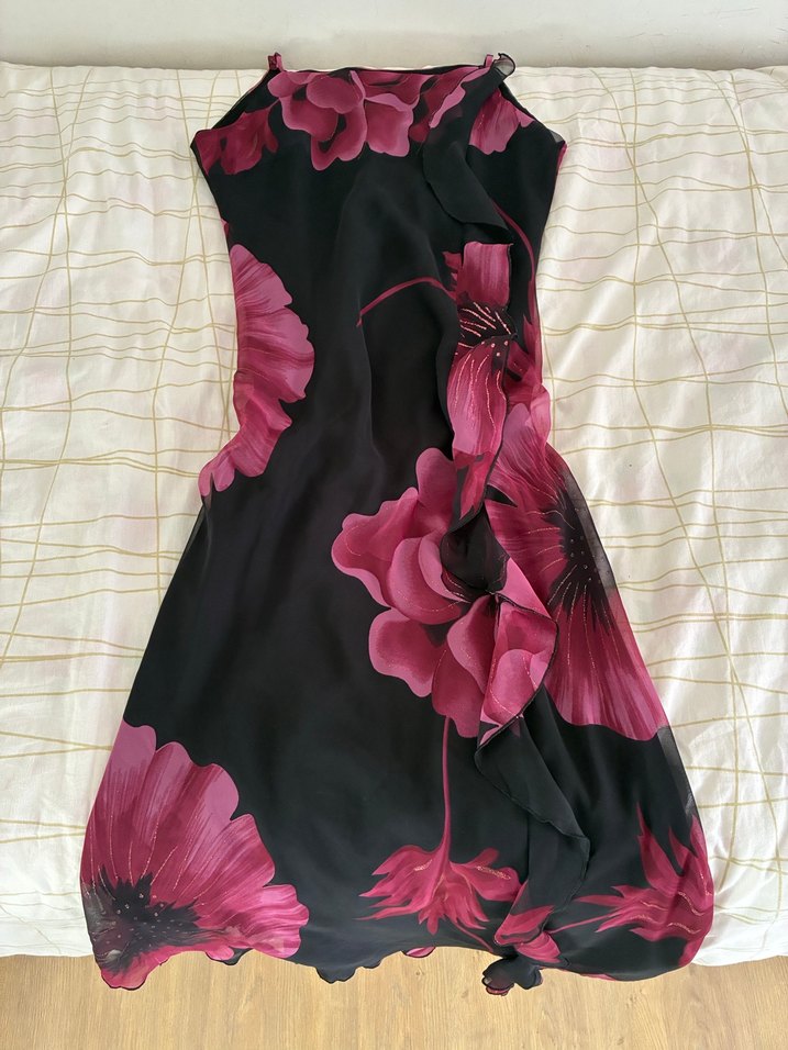 Bordo Çiçek Desenli Askısız Abiye Elbise - Görsel 3