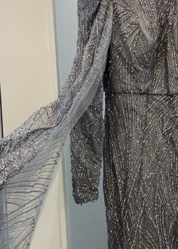 Gri İşlemeli Uzun Kollu Abiye Elbise - Görsel 7