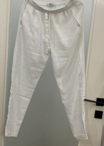 Beyaz Keten Salaş Midi Kadın Pantolon - Görsel 2