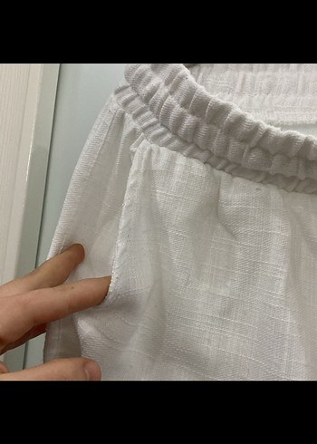 Beyaz Keten Salaş Midi Kadın Pantolon - Görsel 4