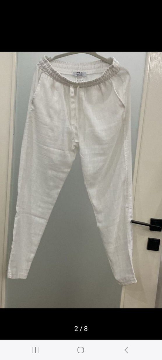 Beyaz Keten Salaş Midi Kadın Pantolon - Görsel 2