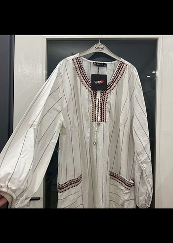 52 Beden Nakışlı V Yaka Uzun Kollu Bohem Tunik