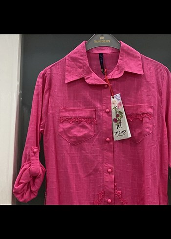 Pembe Uzun Kollu Düğmeli Kadın Gömlek - Görsel 6