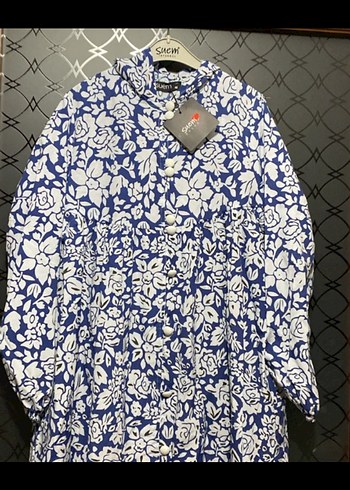 Mavi Çiçek Desenli Uzun Kollu Uzun Elbise - Görsel 2