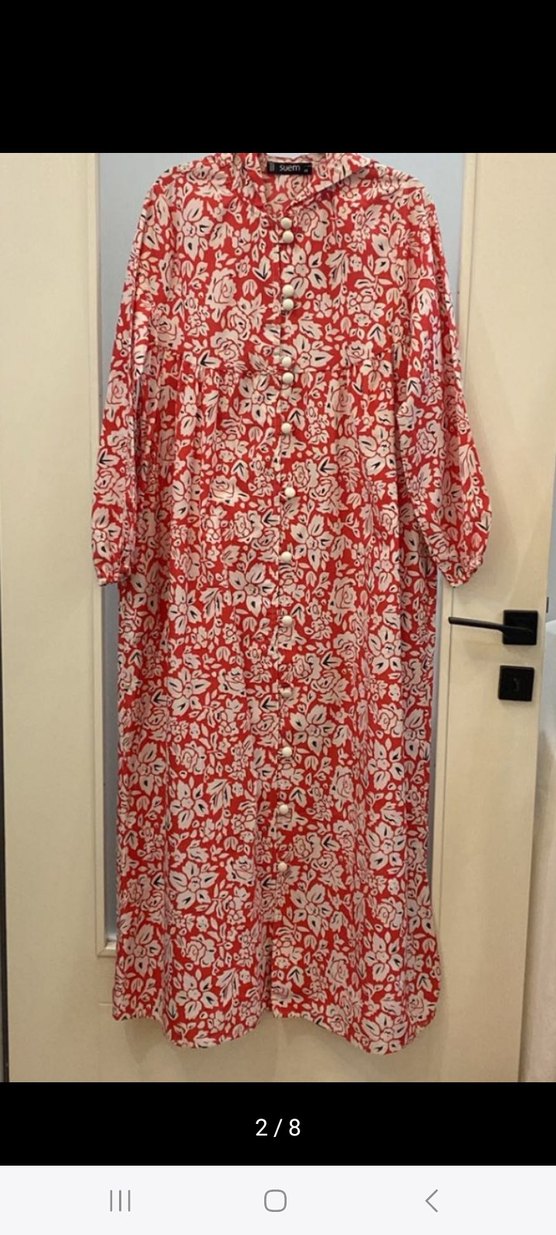 Düğmeli Kırmızı Desenli Uzun Kadın Elbise - Görsel 3