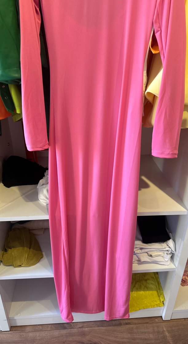 Pembe Uzun Kollu Drapeli Kadın Elbise - Görsel 2