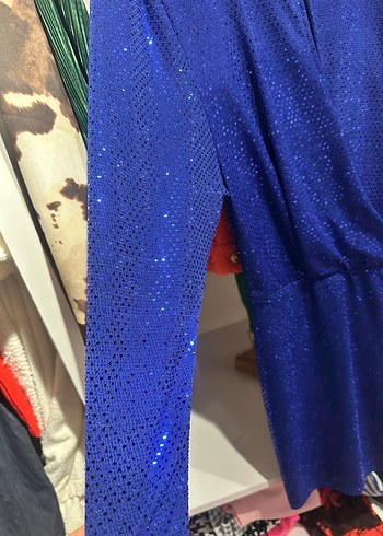 Uzun Kollu Drapeli Mavi Kadın Abiye Elbise - Görsel 2