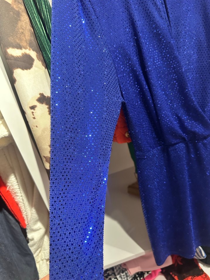 Uzun Kollu Drapeli Mavi Kadın Abiye Elbise - Görsel 2