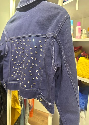 Düğmeli Kadın Mavi Parlak Denim Ceket - Görsel 4