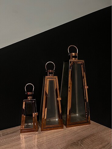 Bakır renk üçgen  3lü fener mumluk - Görsel 3