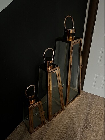 Bakır renk üçgen  3lü fener mumluk - Görsel 4