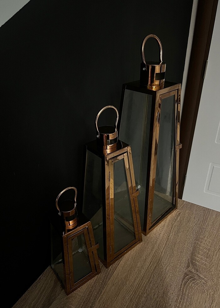 Bakır renk üçgen  3lü fener mumluk - Görsel 4