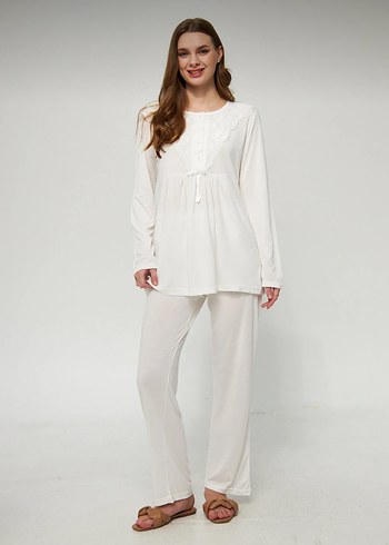 Ekru kadın hamile ve lohusa pijama takımı 3lü set - Görsel 7