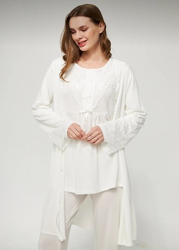 Ekru kadın hamile ve lohusa pijama takımı 3lü set - Görsel 4