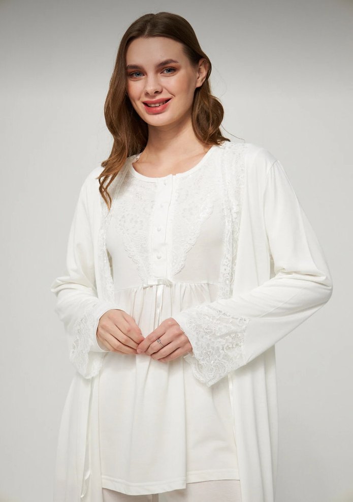 Ekru kadın hamile ve lohusa pijama takımı 3lü set - Görsel 3