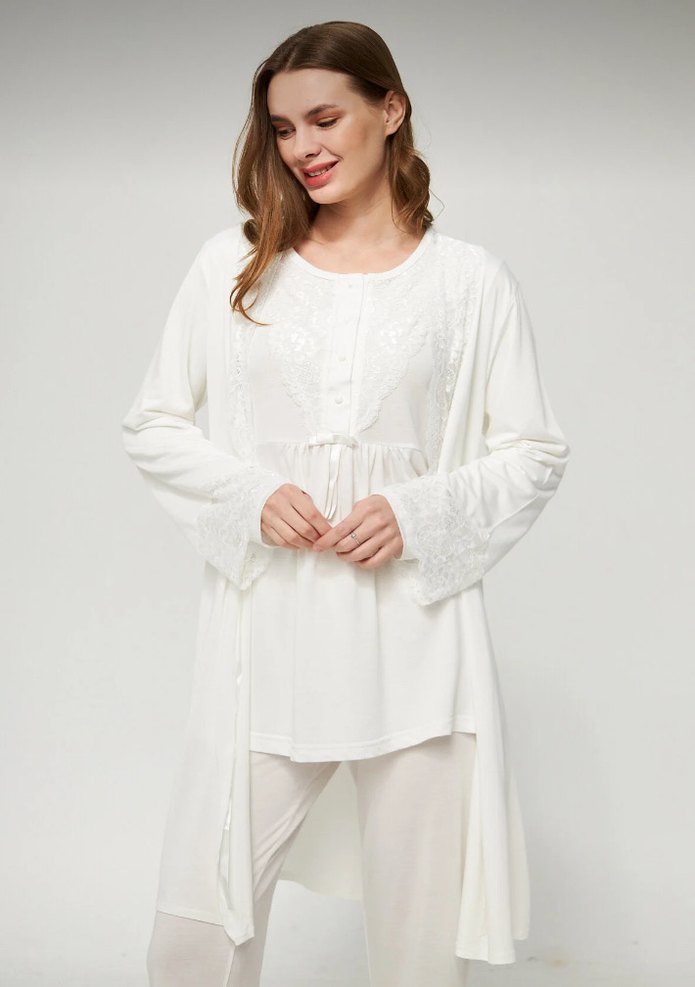 Ekru kadın hamile ve lohusa pijama takımı 3lü set - Görsel 4