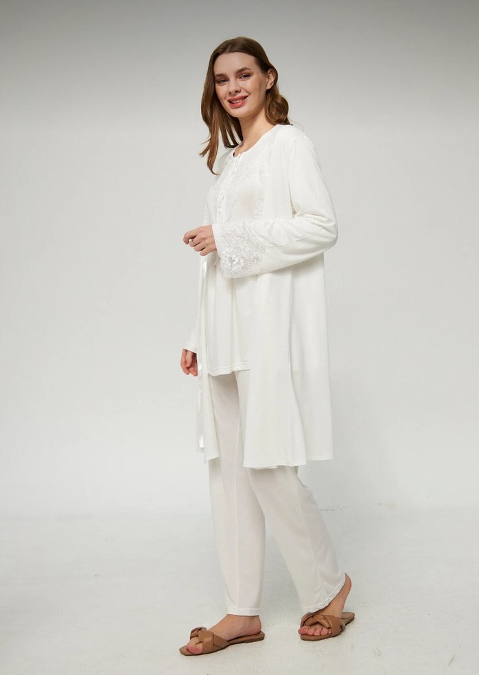 Ekru kadın hamile ve lohusa pijama takımı 3lü set - Görsel 2