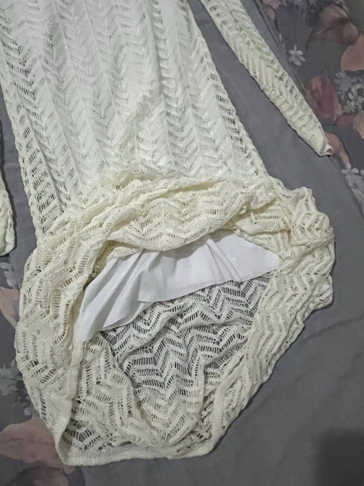 Beyaz Dantel Detaylı Uzun Kollu Triko Elbise - Görsel 2