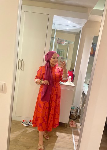 Pembe Bağlama Desenli Uzun Salaş Elbise