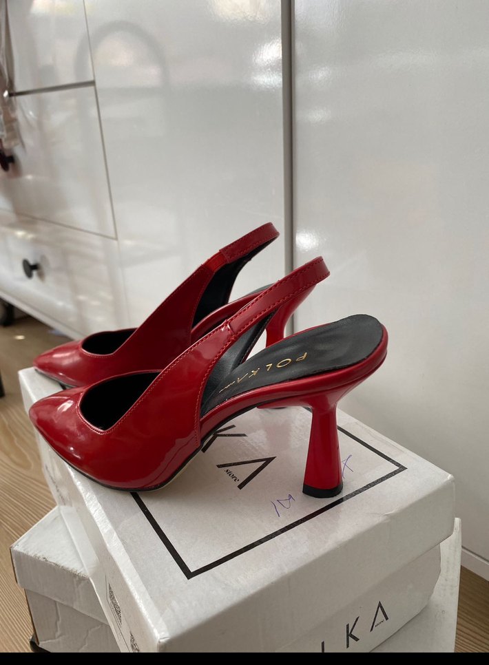 Kırmızı Rugan Stiletto Yılan Desenli Tokalı - Görsel 2