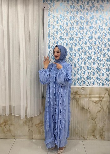 Mavi Uzun Keten Elbise, Salaş Kesim, Drapeli - Görsel 2