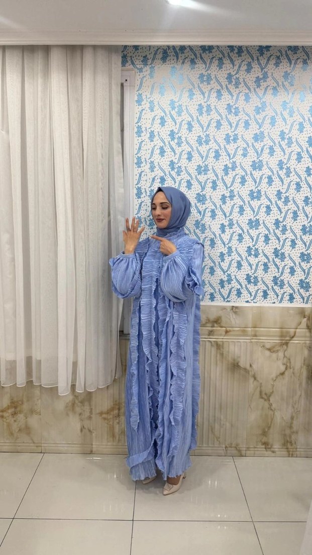 Mavi Uzun Keten Elbise, Salaş Kesim, Drapeli - Görsel 2