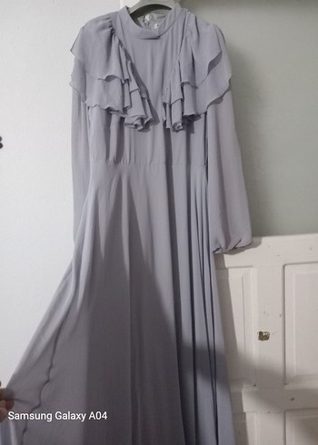 Gri Ruffle Detaylı Uzun Keten Elbise - Görsel 2