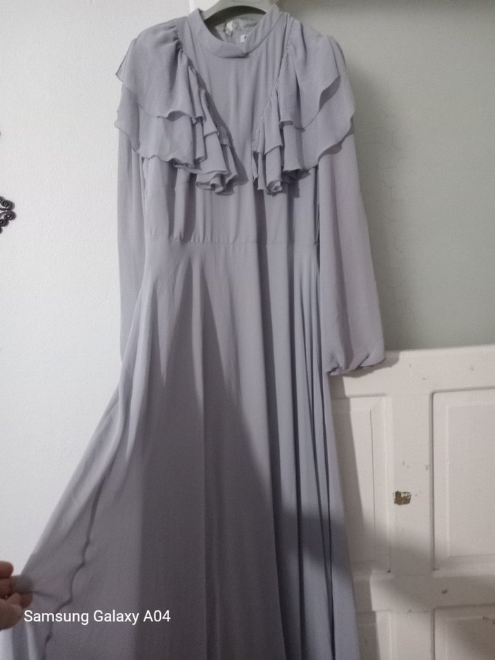 Gri Ruffle Detaylı Uzun Keten Elbise - Görsel 2
