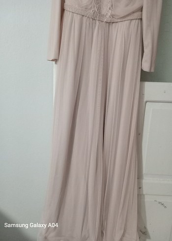 Bej Uzun Kollu Drapeli Abiye Elbise - Görsel 3