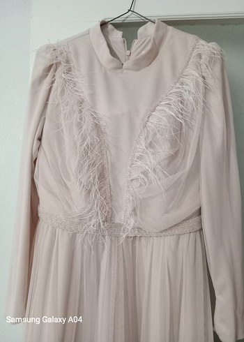 Bej Uzun Kollu Drapeli Abiye Elbise - Görsel 2