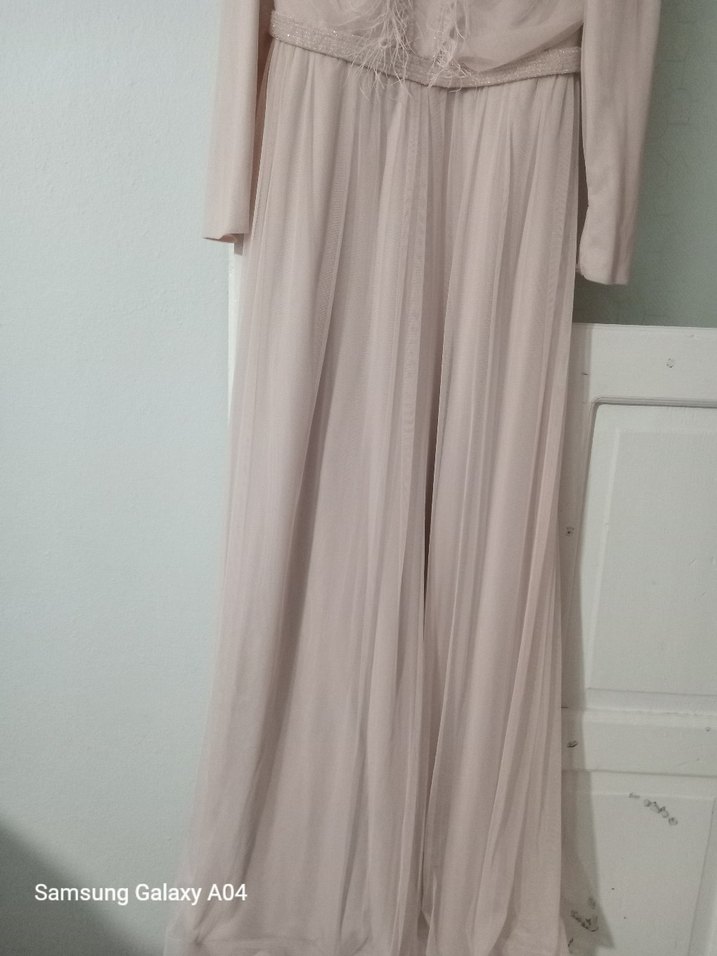 Bej Uzun Kollu Drapeli Abiye Elbise - Görsel 3