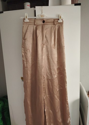 38 Beden Bej Kadın saten Uzun Ceket ve Pantolon Takım